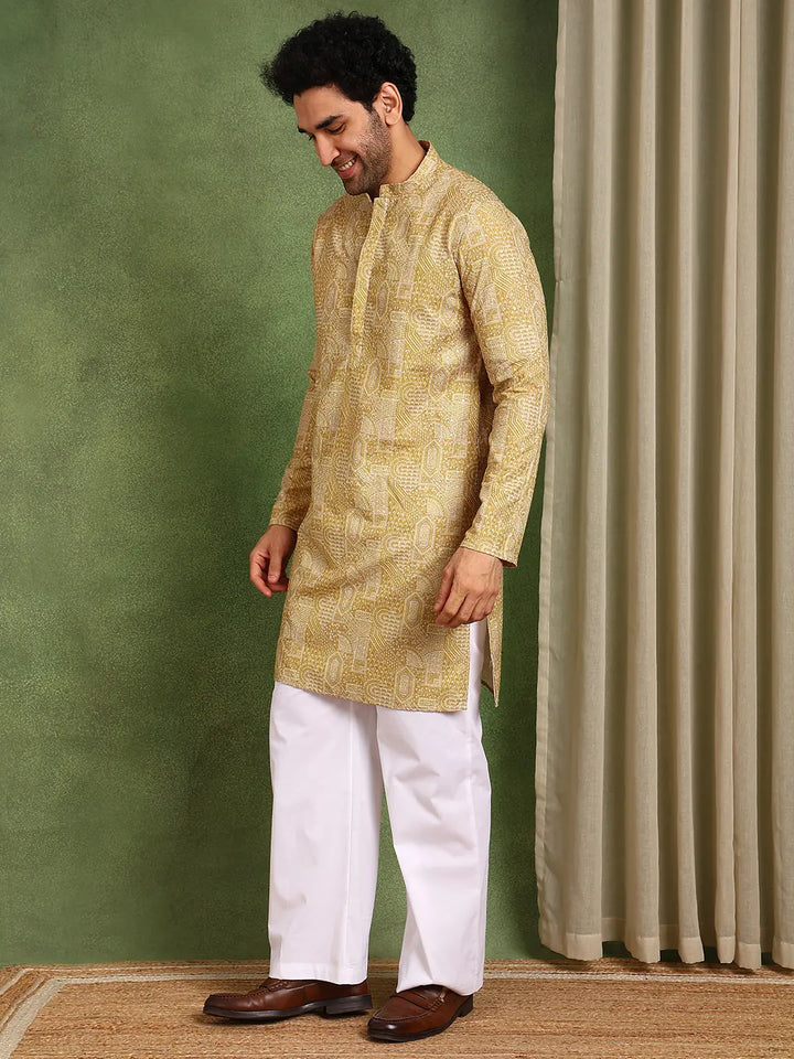 Men Mustard Cotton Silk Straight Woven Design Kurta