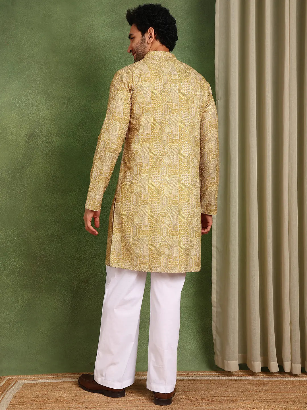 Men Mustard Cotton Silk Straight Woven Design Kurta