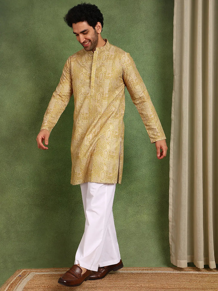 Men Mustard Cotton Silk Straight Woven Design Kurta