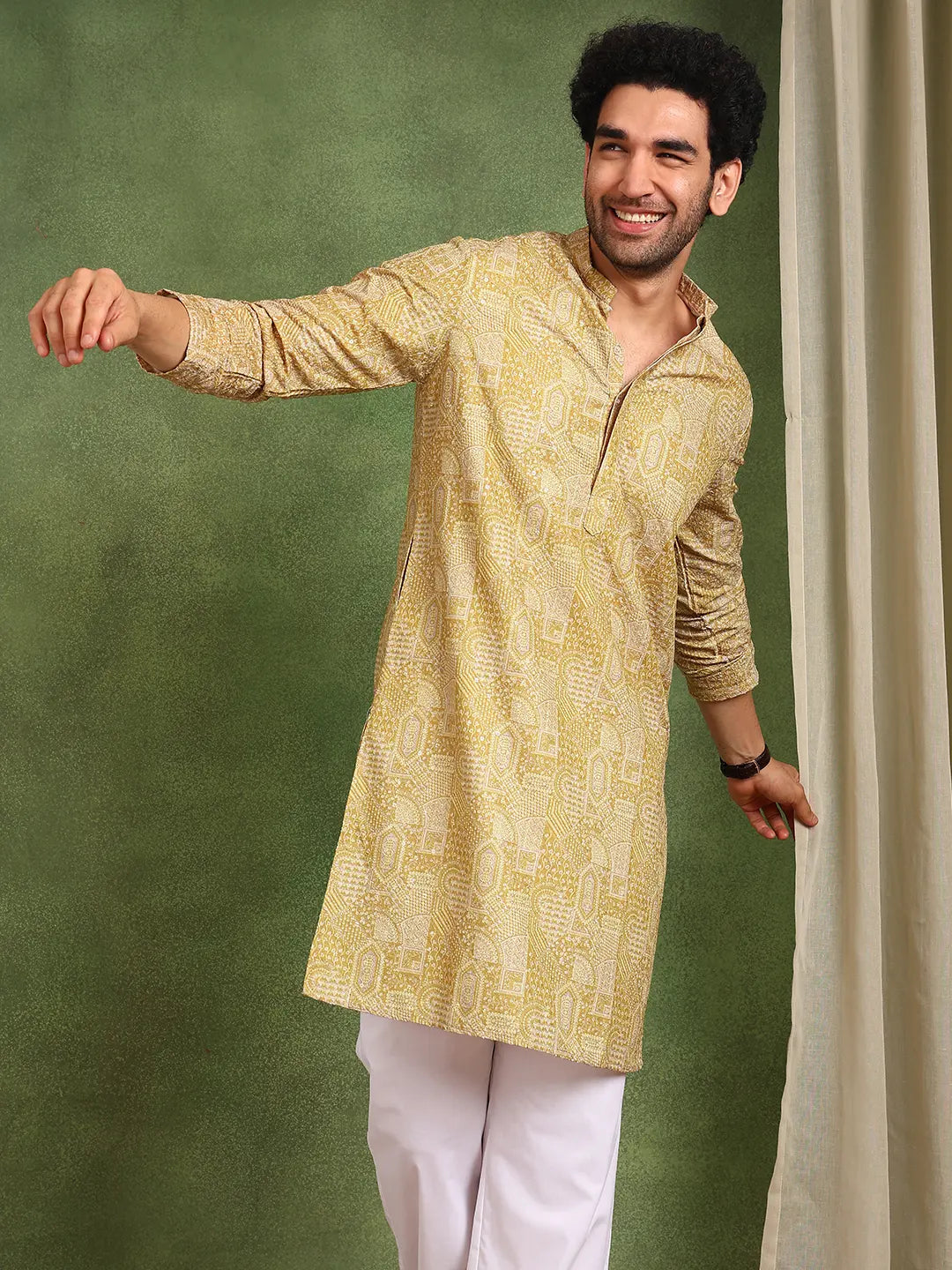 Men Mustard Cotton Silk Straight Woven Design Kurta