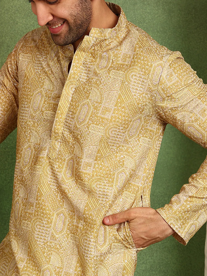 Men Mustard Cotton Silk Straight Woven Design Kurta
