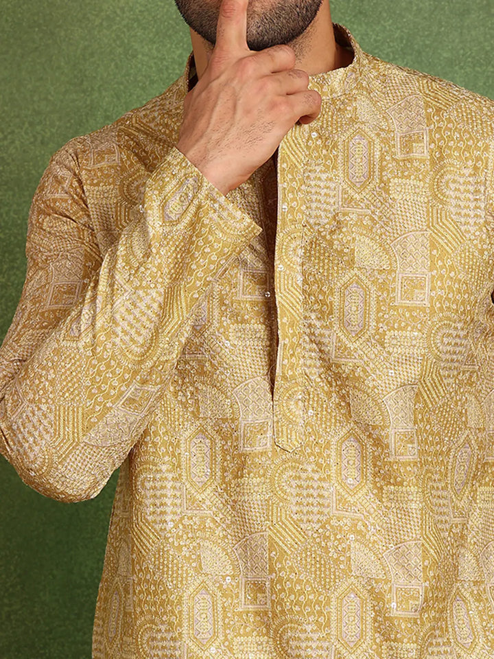 Men Mustard Cotton Silk Straight Woven Design Kurta