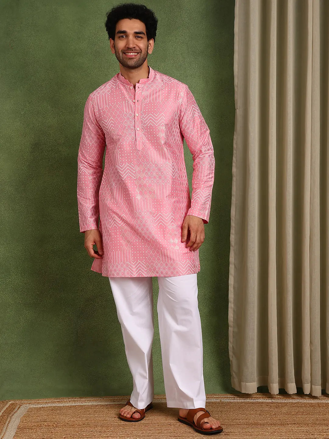 Men Pink Cotton Silk Straight Embossed Printed Kurta