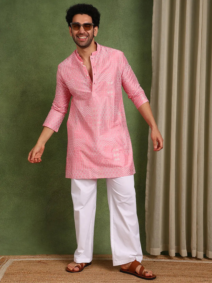 Men Pink Cotton Silk Straight Embossed Printed Kurta