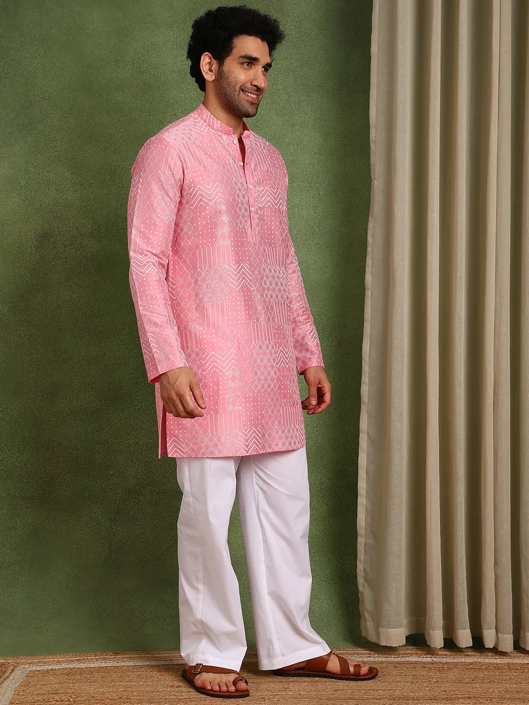 Men Pink Cotton Silk Straight Embossed Printed Kurta