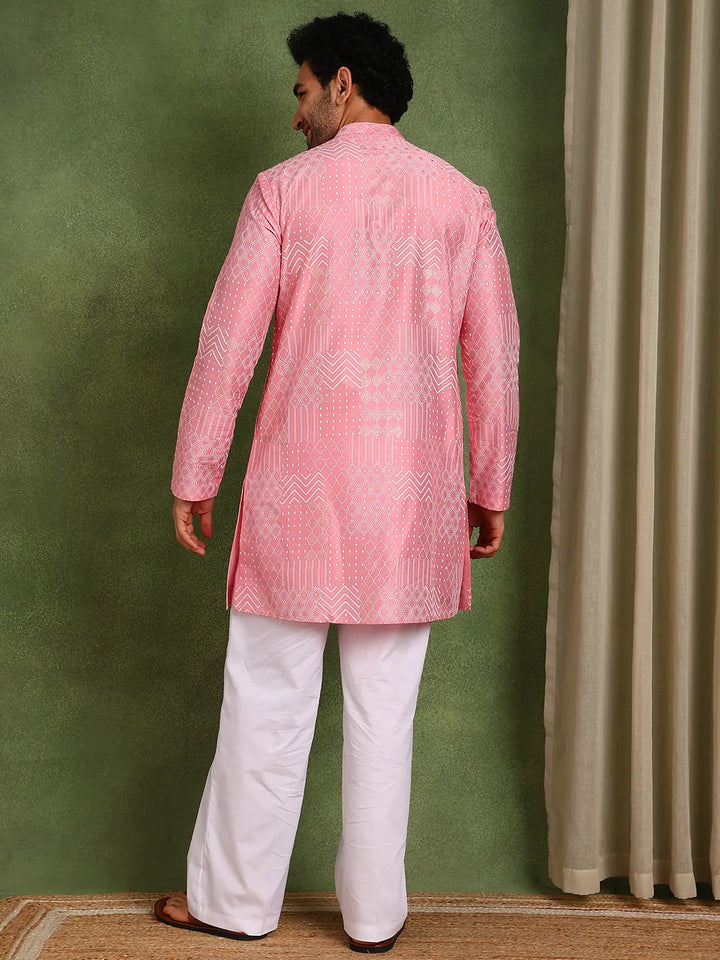 Men Pink Cotton Silk Straight Embossed Printed Kurta