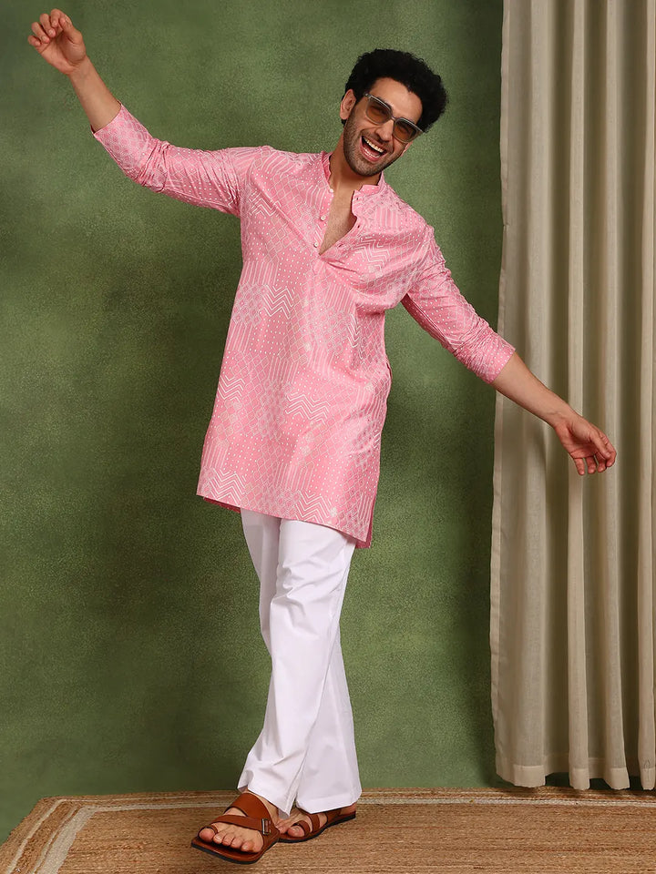 Men Pink Cotton Silk Straight Embossed Printed Kurta