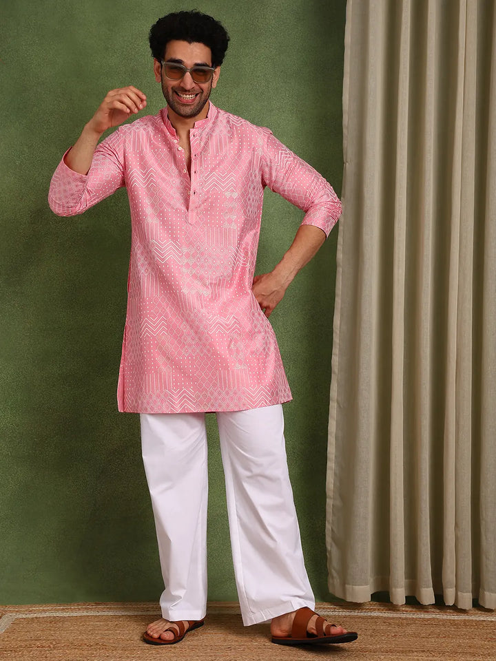 Men Pink Cotton Silk Straight Embossed Printed Kurta