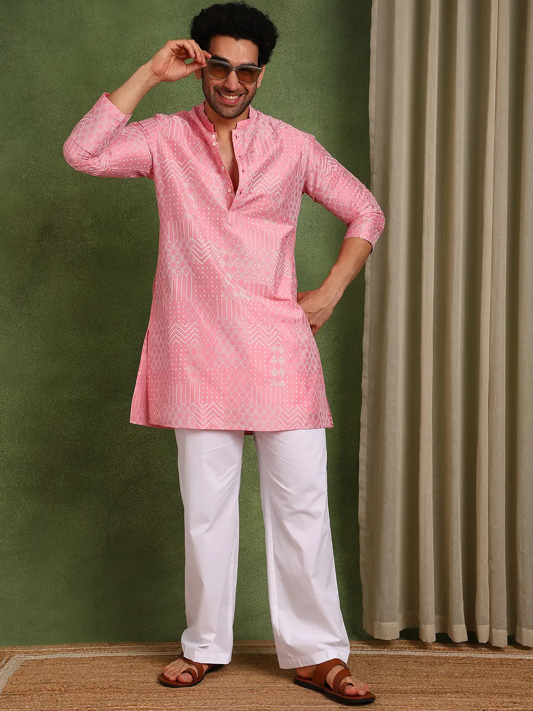 Men Pink Cotton Silk Straight Embossed Printed Kurta