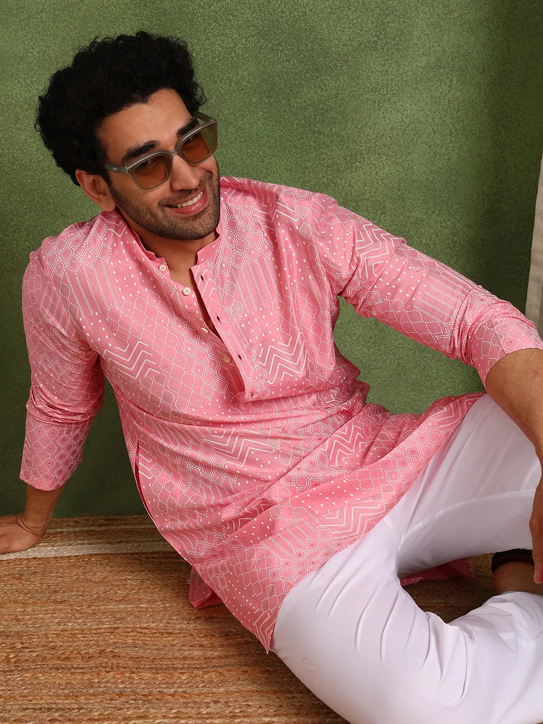 Men Pink Cotton Silk Straight Embossed Printed Kurta