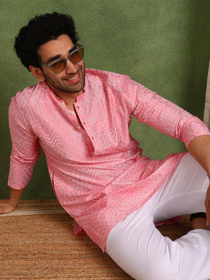 Men Pink Cotton Silk Straight Embossed Printed Kurta