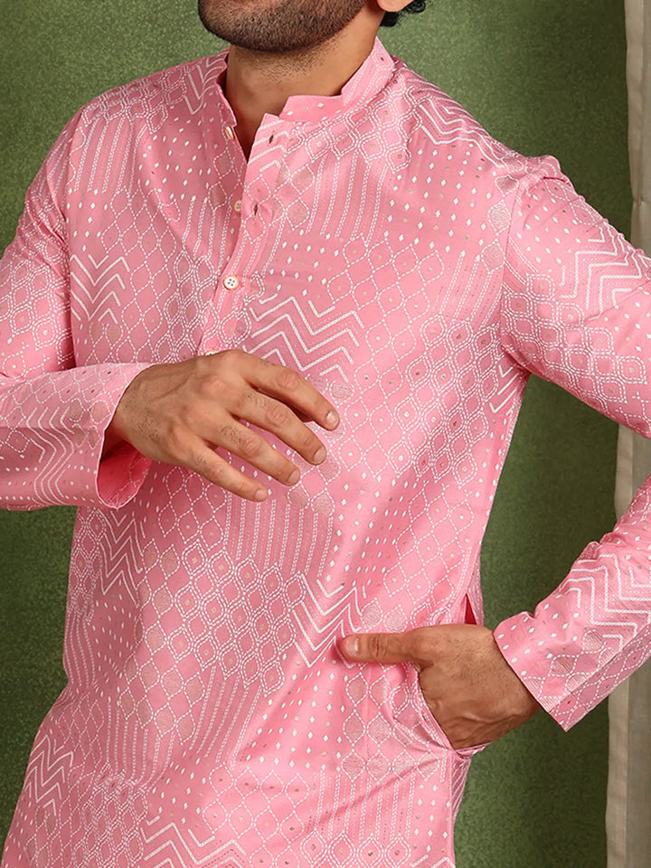 Men Pink Cotton Silk Straight Embossed Printed Kurta