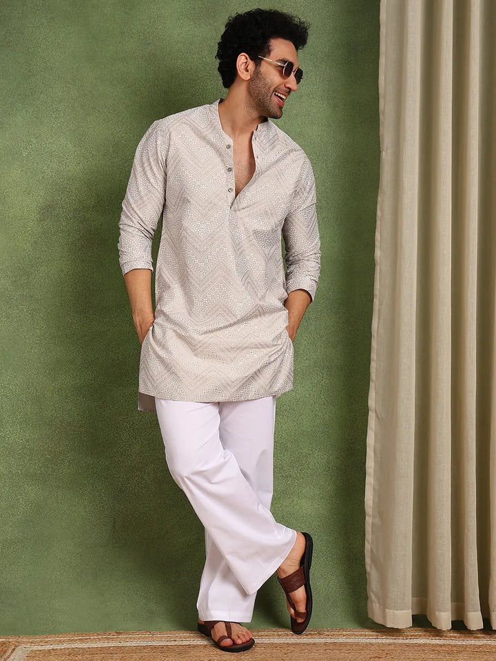 Men Beige Cotton Silk Straight Woven Design Kurta