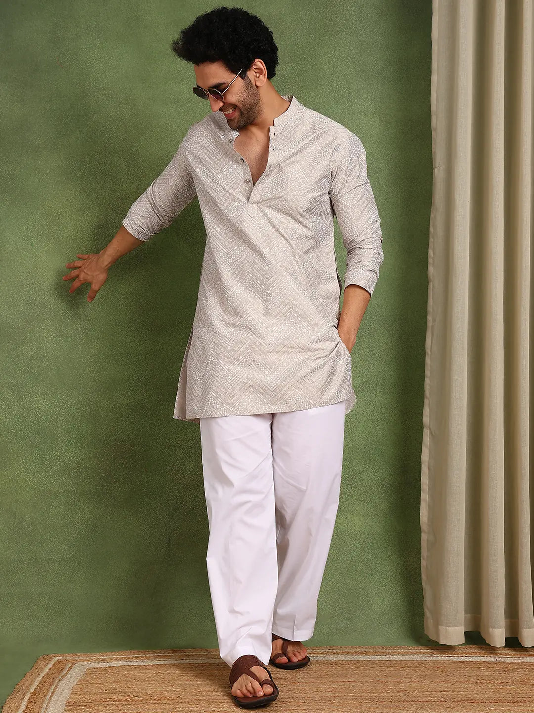 Men Beige Cotton Silk Straight Woven Design Kurta