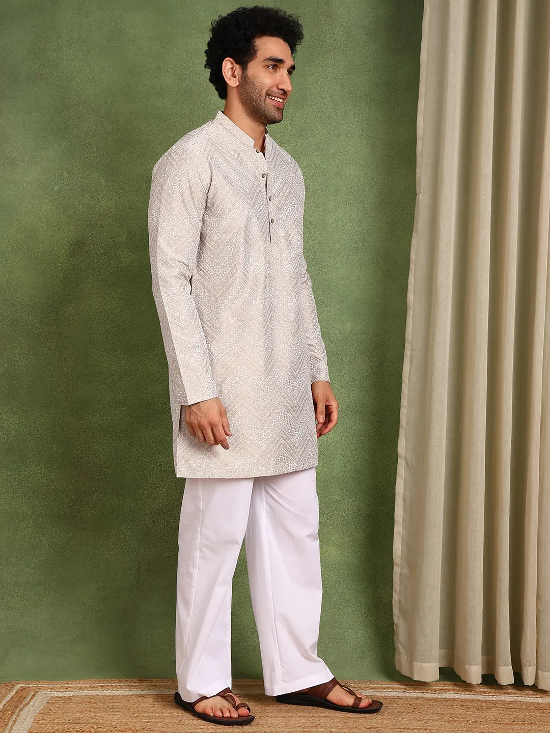 Men Beige Cotton Silk Straight Woven Design Kurta