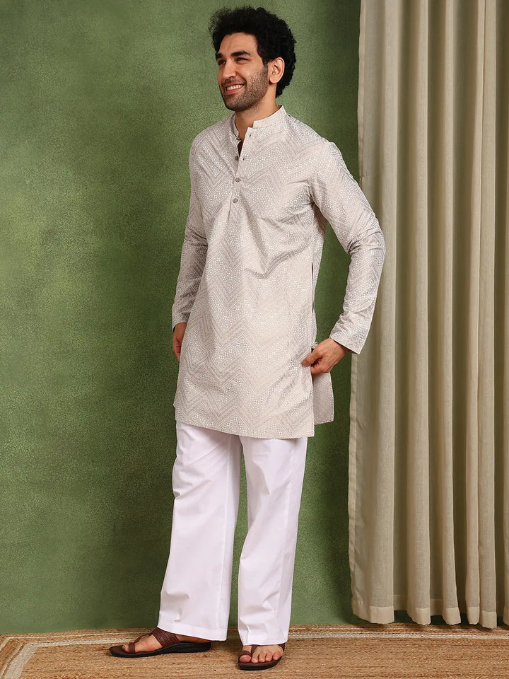 Men Beige Cotton Silk Straight Woven Design Kurta