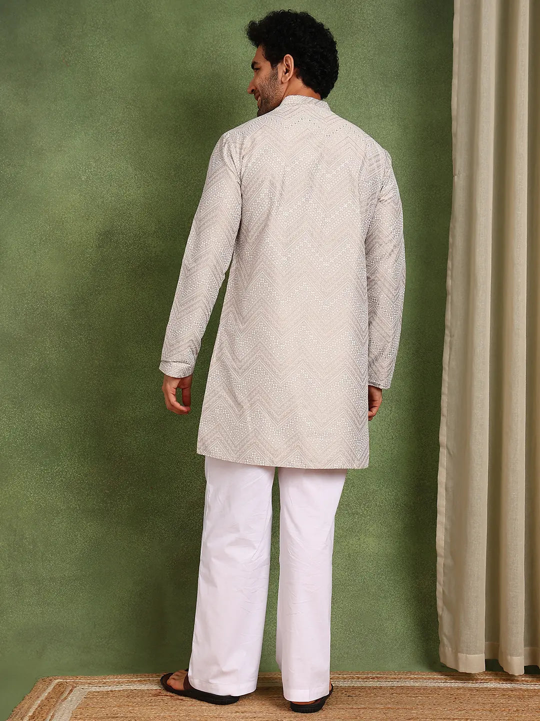 Men Beige Cotton Silk Straight Woven Design Kurta