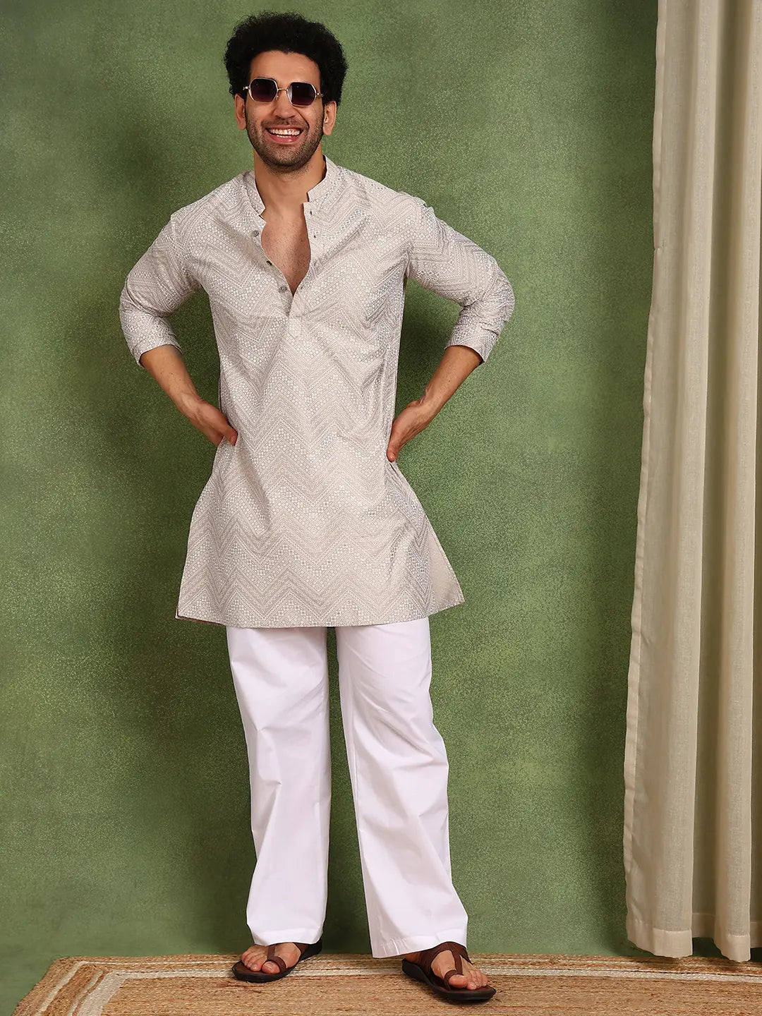 Men Beige Cotton Silk Straight Woven Design Kurta