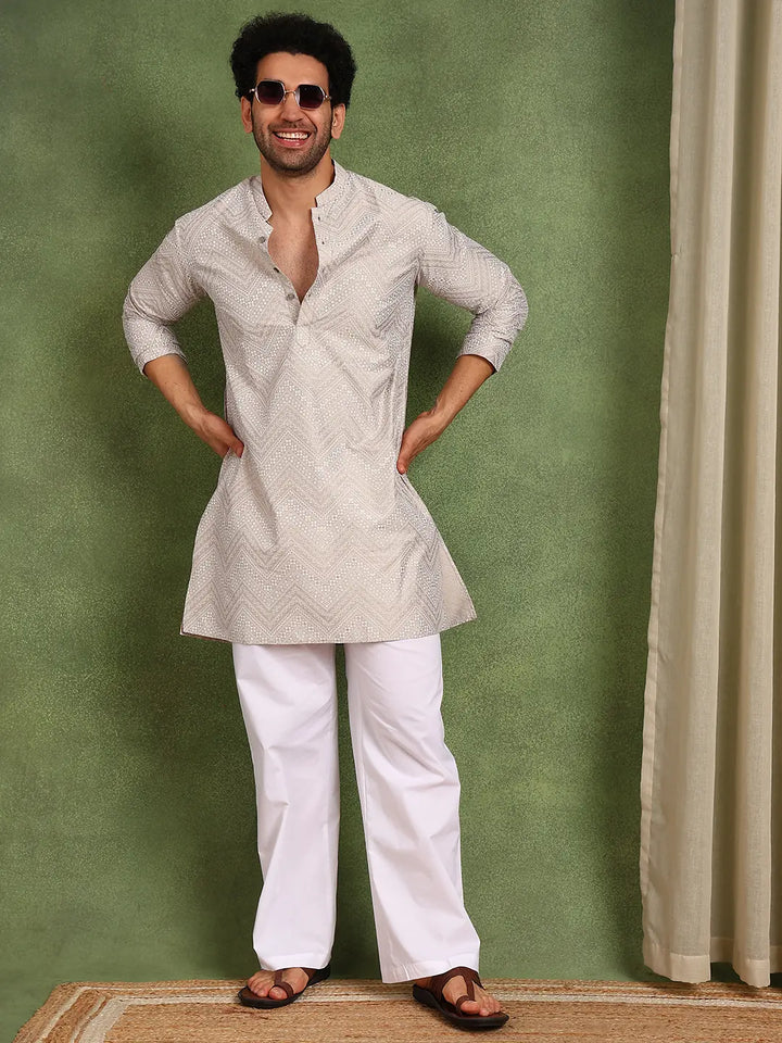 Men Beige Cotton Silk Straight Woven Design Kurta