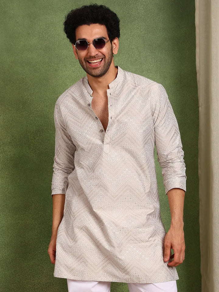 Men Beige Cotton Silk Straight Woven Design Kurta