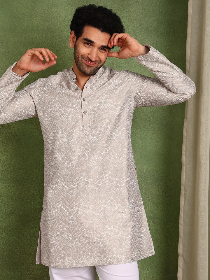 Men Beige Cotton Silk Straight Woven Design Kurta
