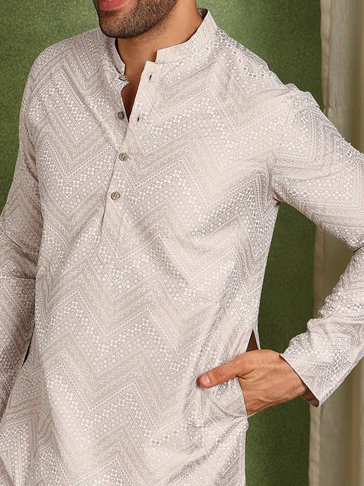 Men Beige Cotton Silk Straight Woven Design Kurta