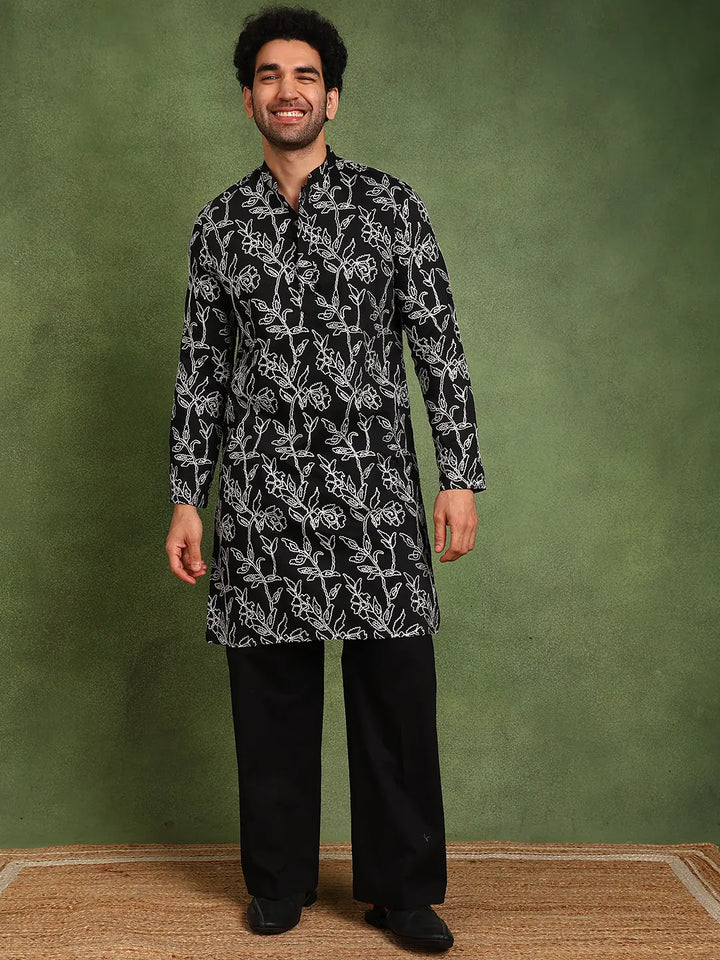 Men Black Embroidered work Cotton Silk Straight Woven Design Kurta