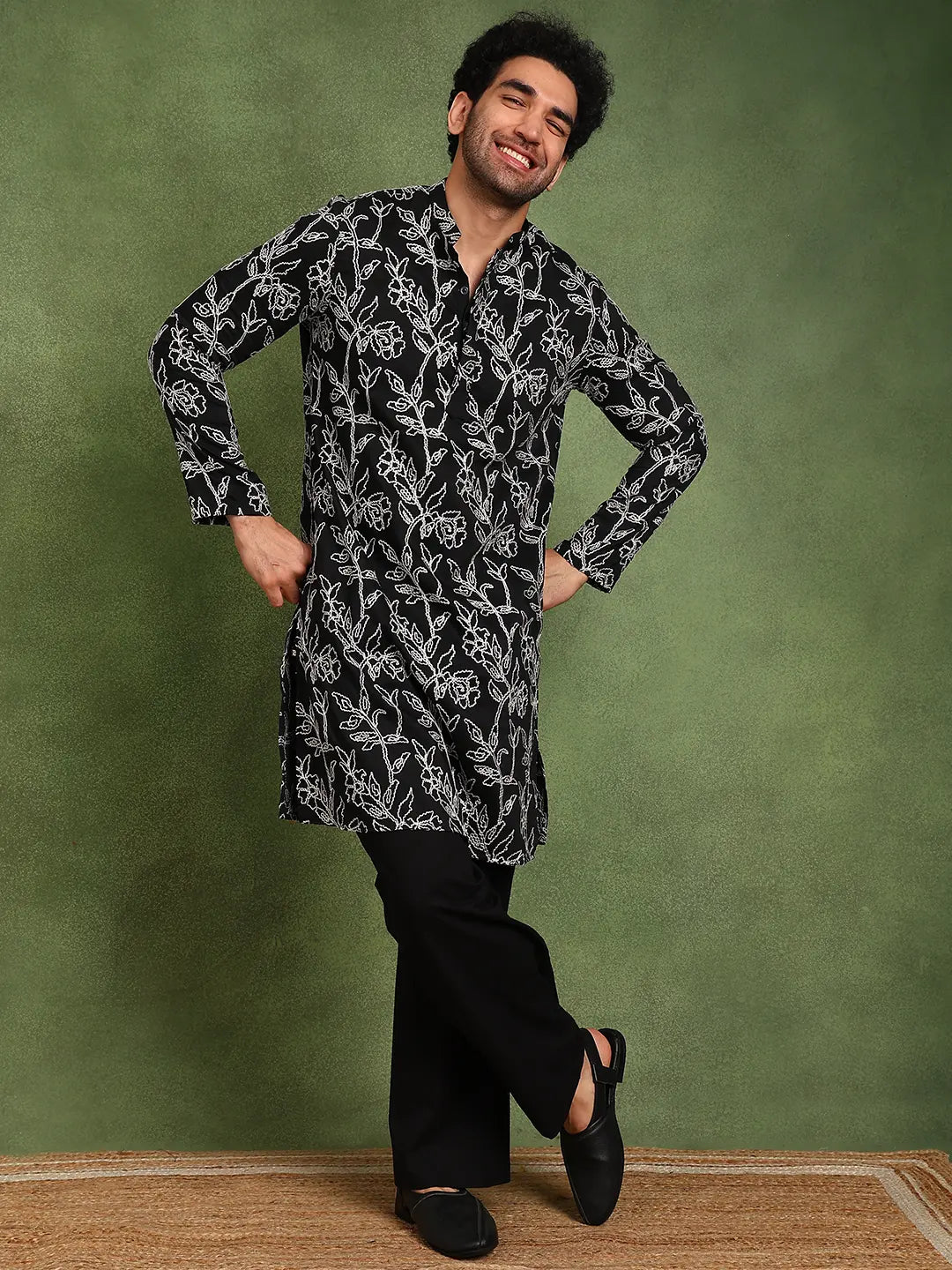 Men Black Embroidered work Cotton Silk Straight Woven Design Kurta