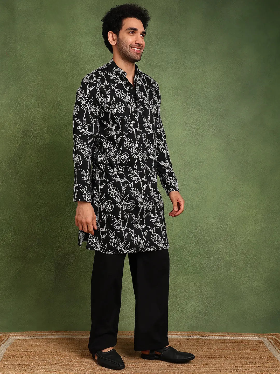 Men Black Embroidered work Cotton Silk Straight Woven Design Kurta