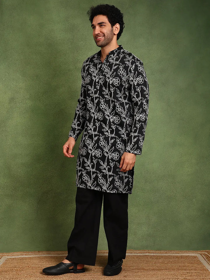 Men Black Embroidered work Cotton Silk Straight Woven Design Kurta