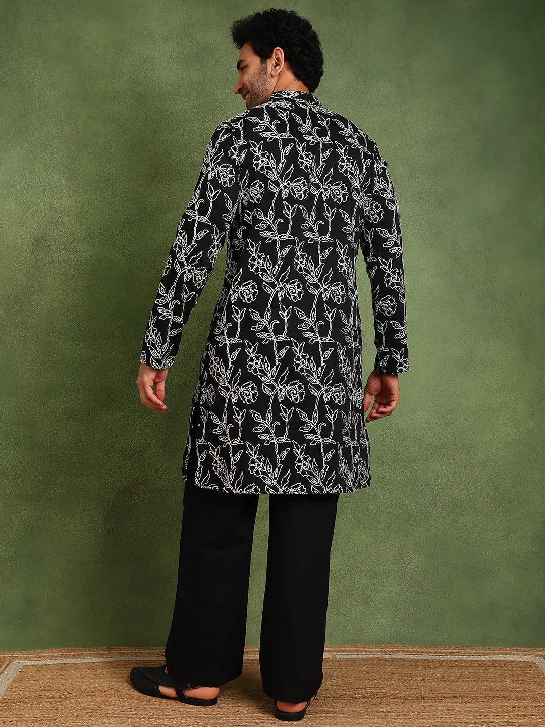 Men Black Embroidered work Cotton Silk Straight Woven Design Kurta
