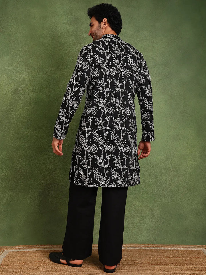 Men Black Embroidered work Cotton Silk Straight Woven Design Kurta