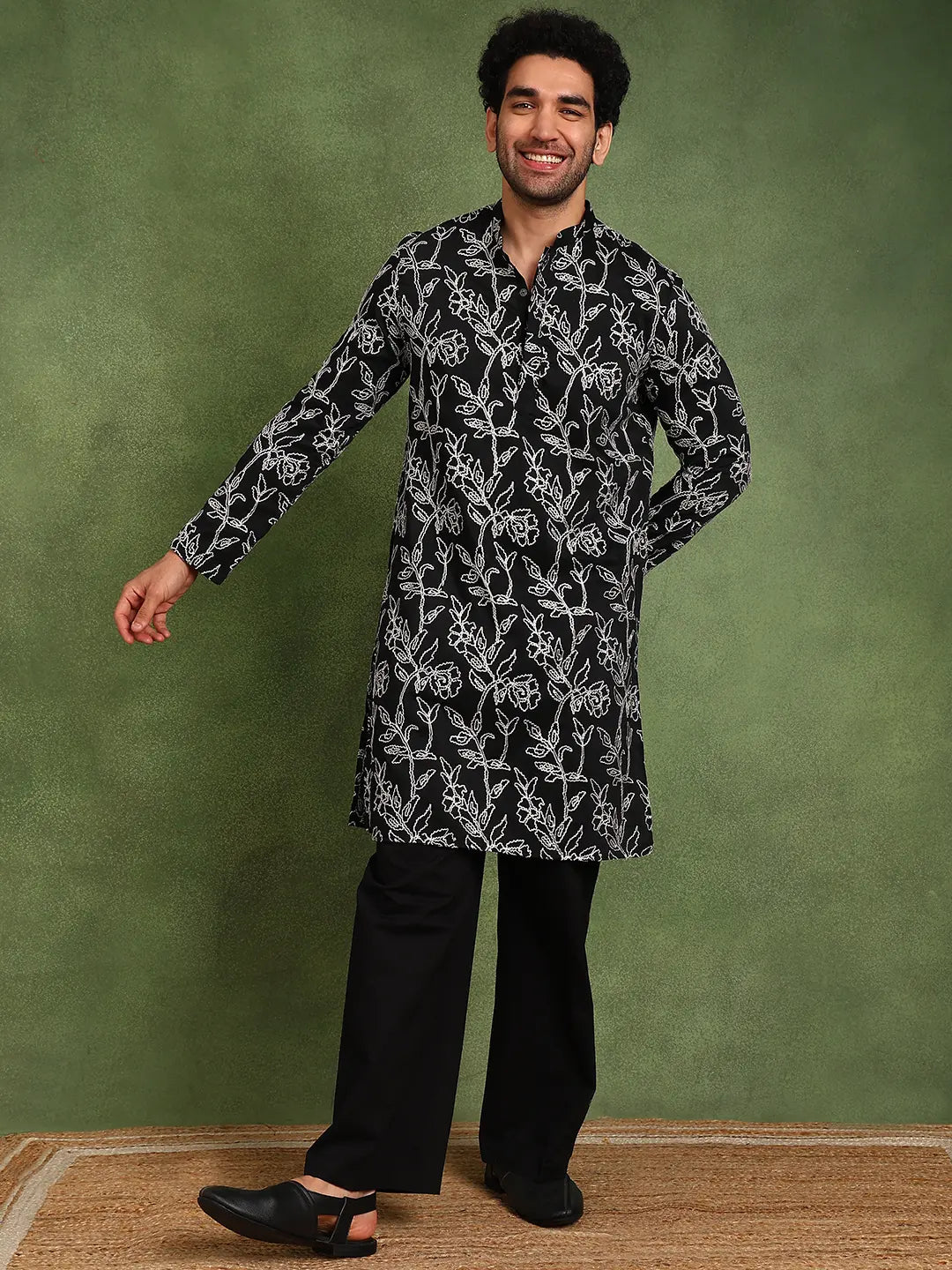 Men Black Embroidered work Cotton Silk Straight Woven Design Kurta