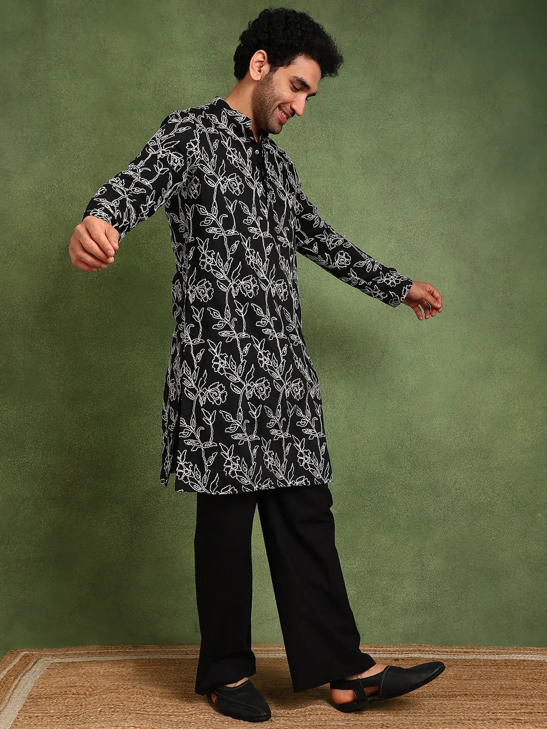 Men Black Embroidered work Cotton Silk Straight Woven Design Kurta