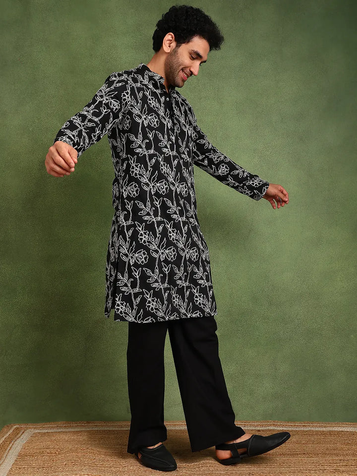 Men Black Embroidered work Cotton Silk Straight Woven Design Kurta