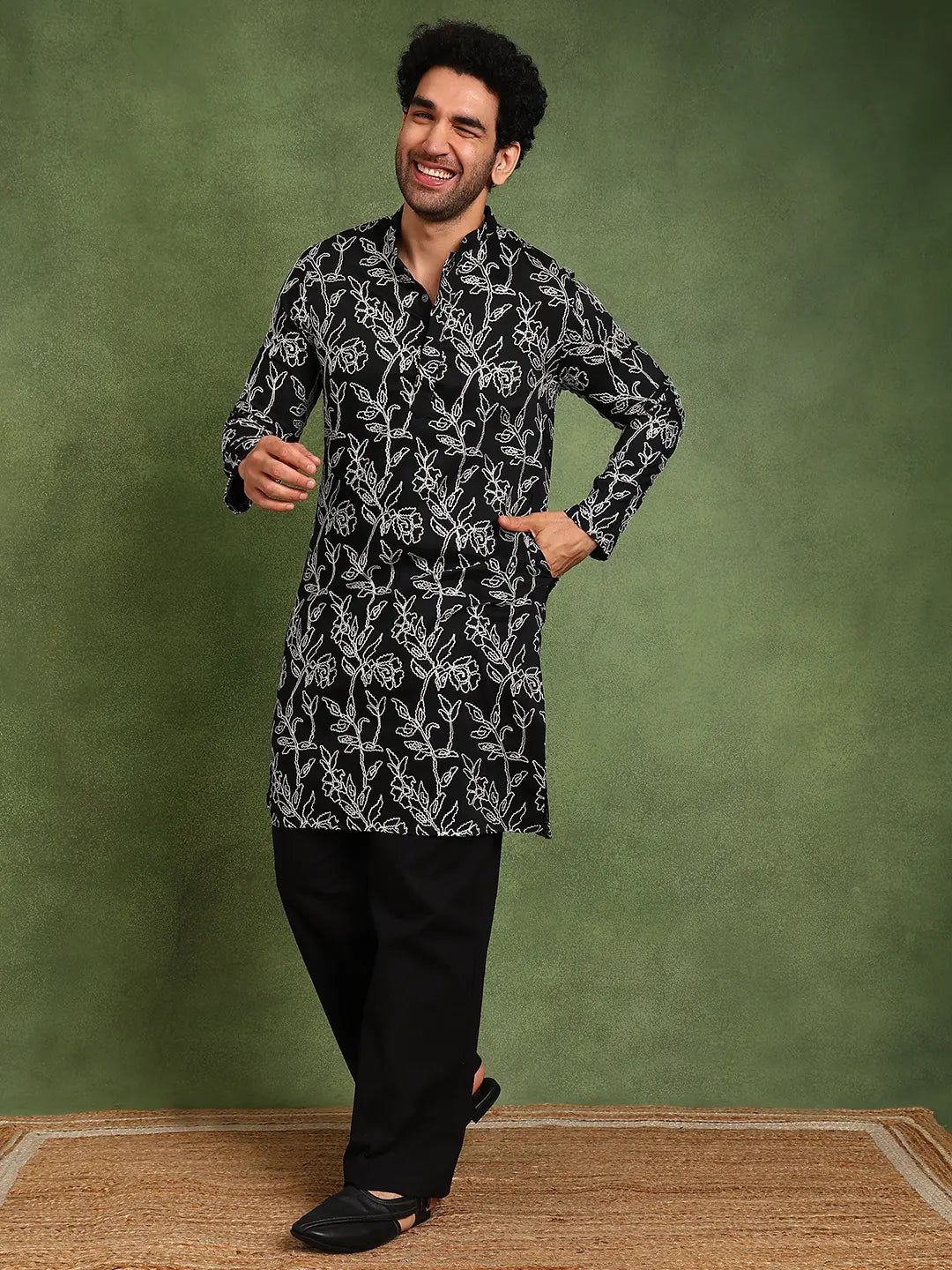 Men Black Embroidered work Cotton Silk Straight Woven Design Kurta