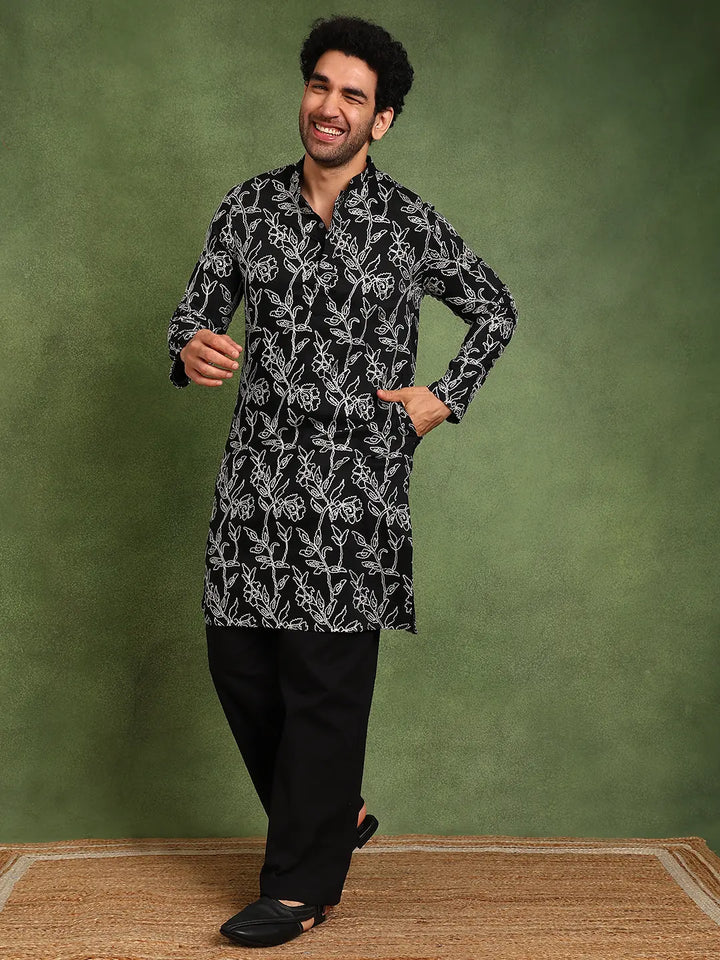 Men Black Embroidered work Cotton Silk Straight Woven Design Kurta