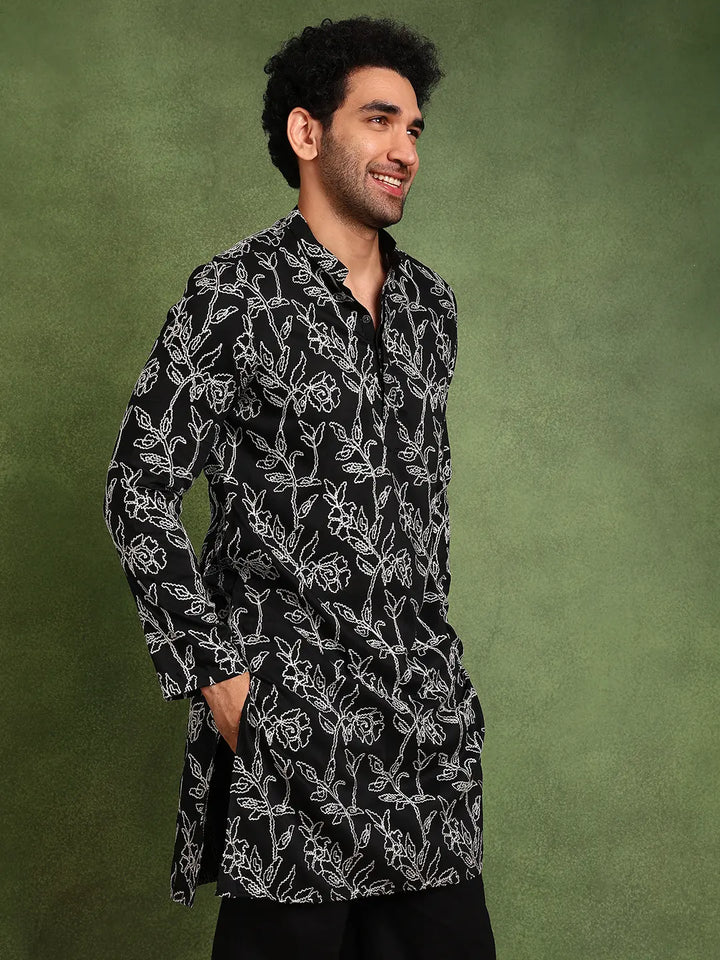Men Black Embroidered work Cotton Silk Straight Woven Design Kurta