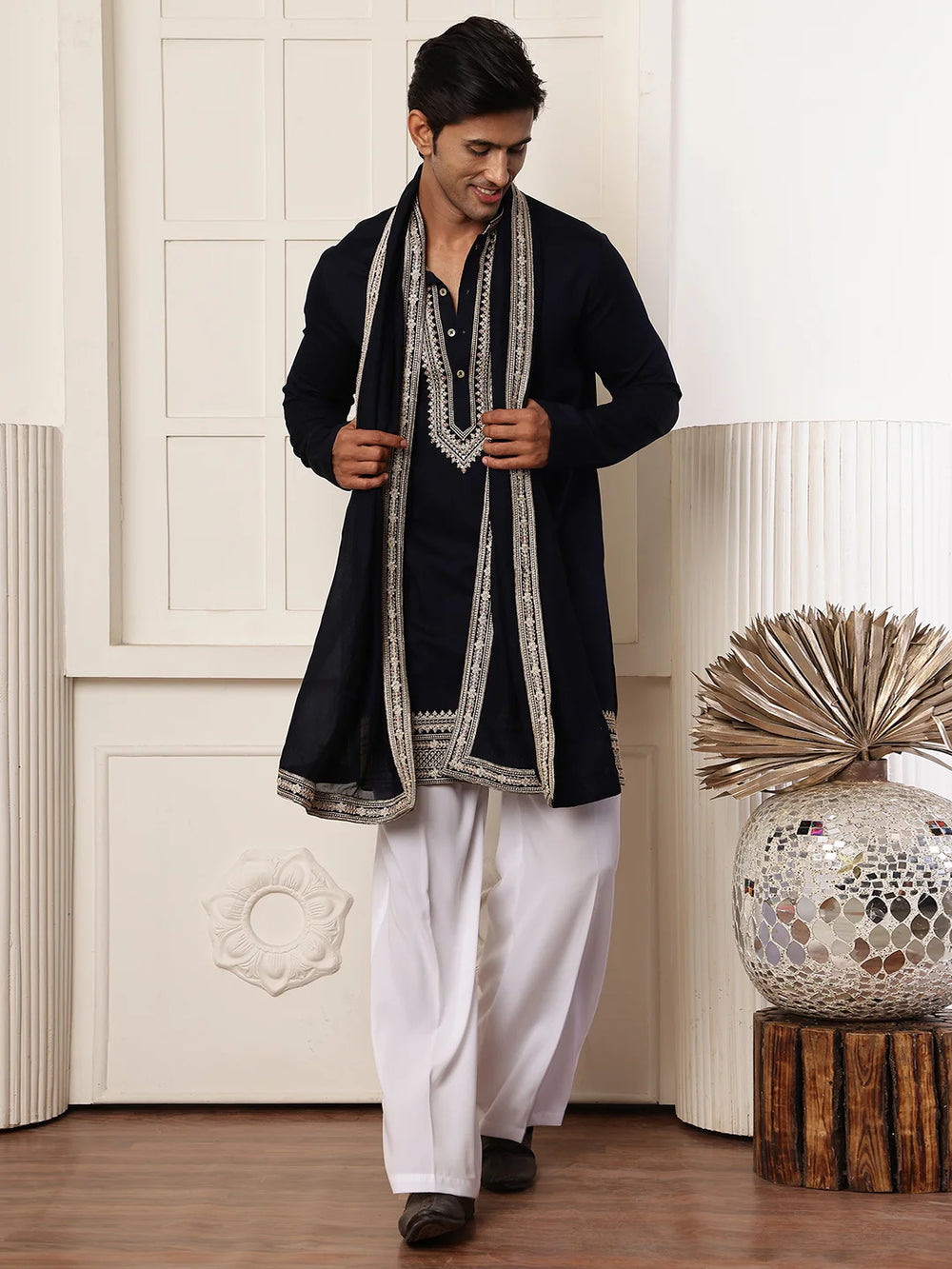 Blue Zari Yoke Design Viscose Rayon Straight Kurta for Men - Image 1