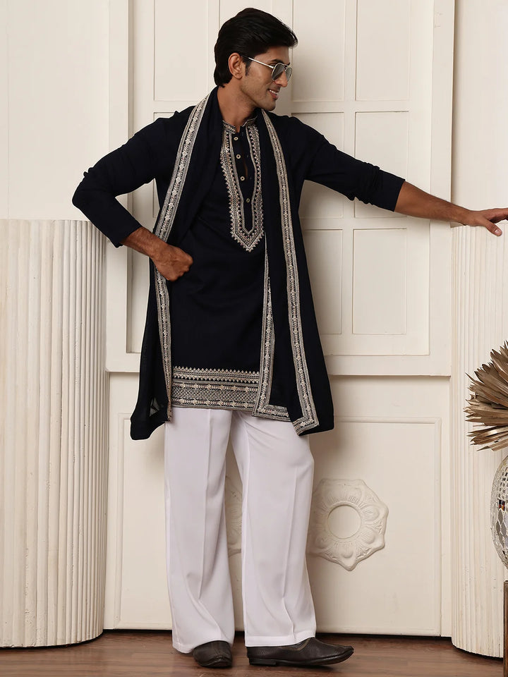 Blue Zari Yoke Design Viscose Rayon Straight Kurta for Men - Image 10