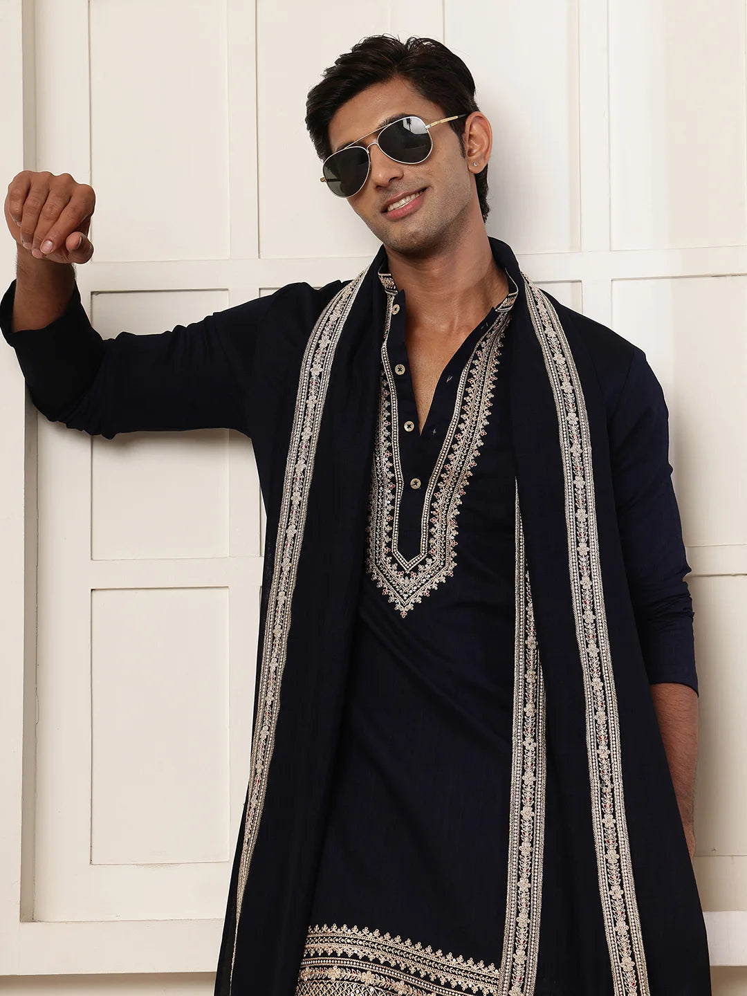 Blue Zari Yoke Design Viscose Rayon Straight Kurta for Men - Image 11