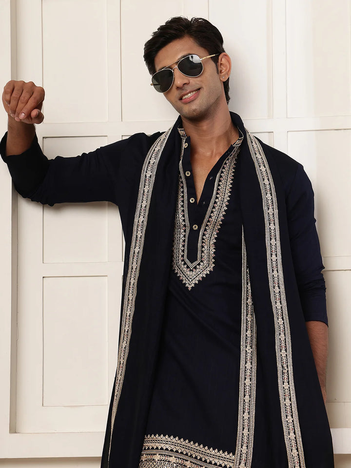 Blue Zari Yoke Design Viscose Rayon Straight Kurta for Men - Image 11