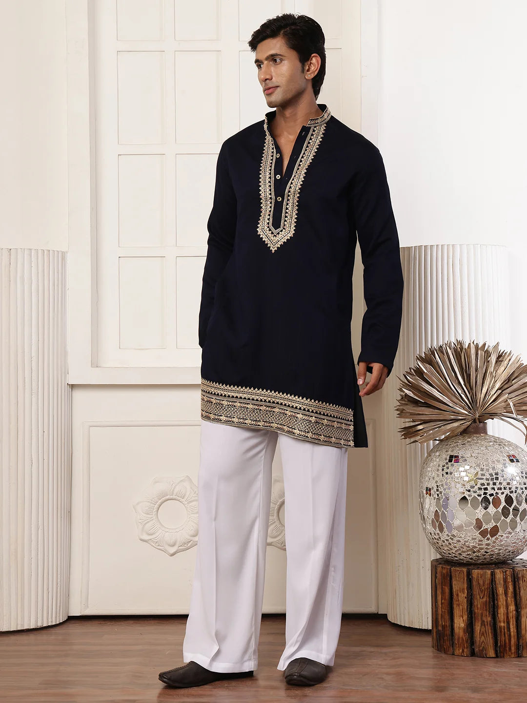Blue Zari Yoke Design Viscose Rayon Straight Kurta for Men - Image 13