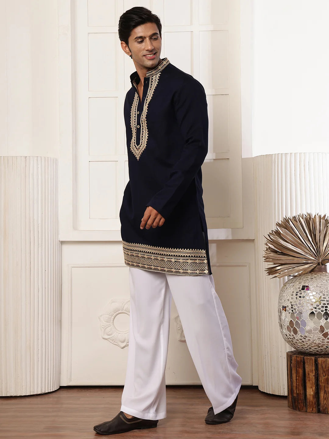 Blue Zari Yoke Design Viscose Rayon Straight Kurta for Men - Image 2