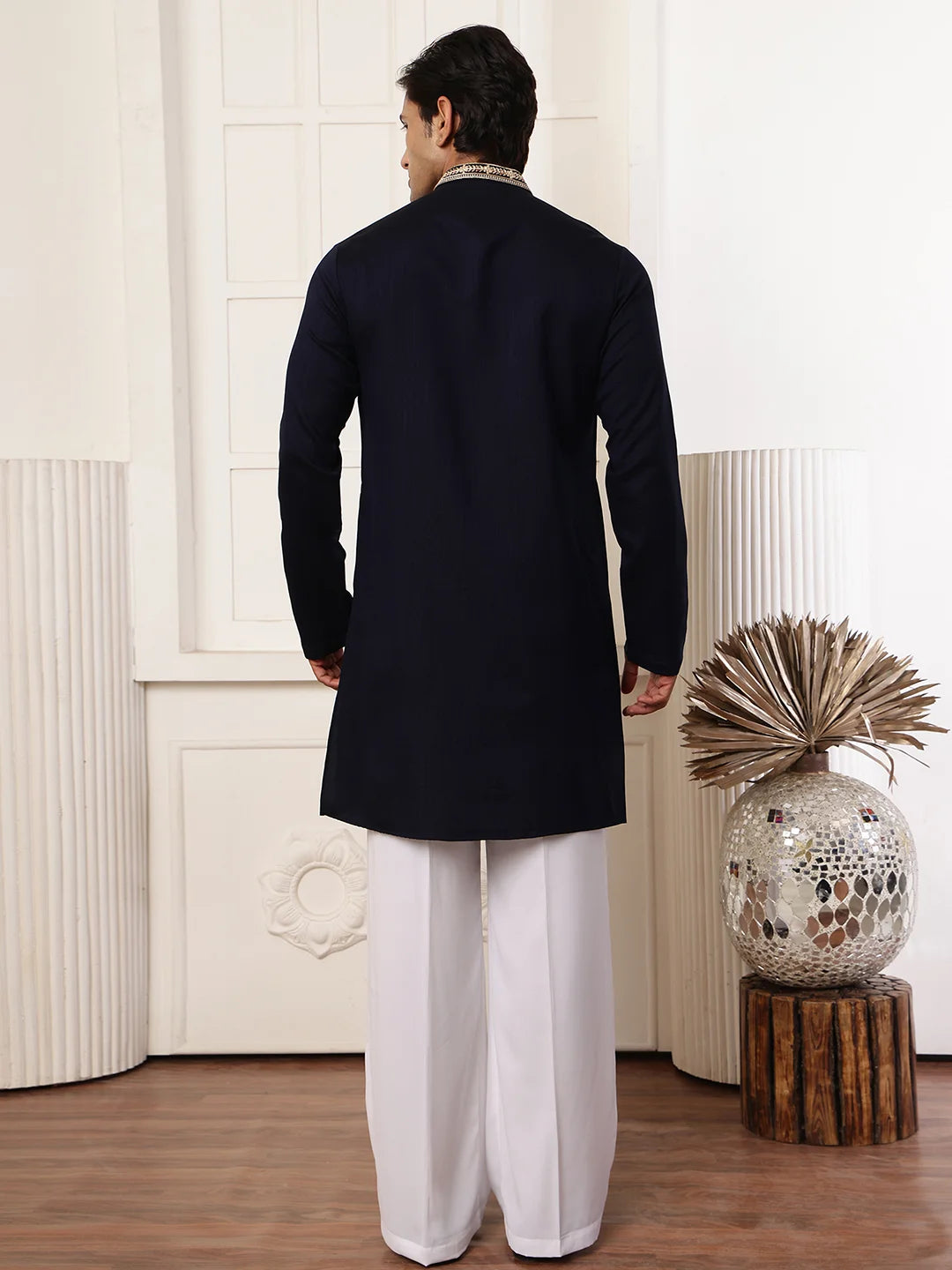 Blue Zari Yoke Design Viscose Rayon Straight Kurta for Men - Image 3