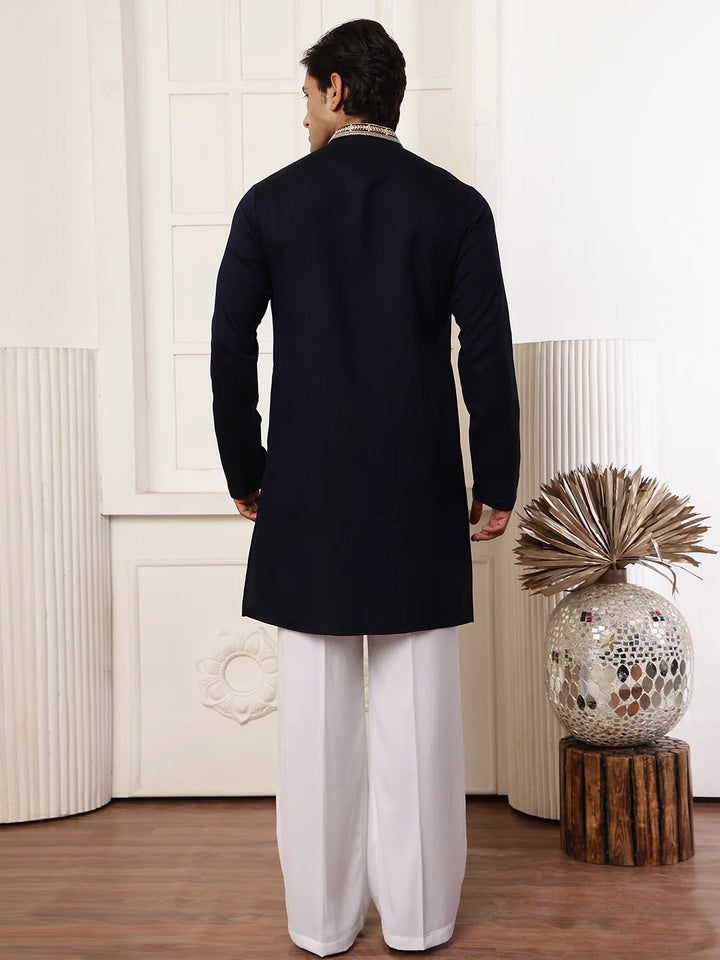 Blue Zari Yoke Design Viscose Rayon Straight Kurta for Men - Image 3