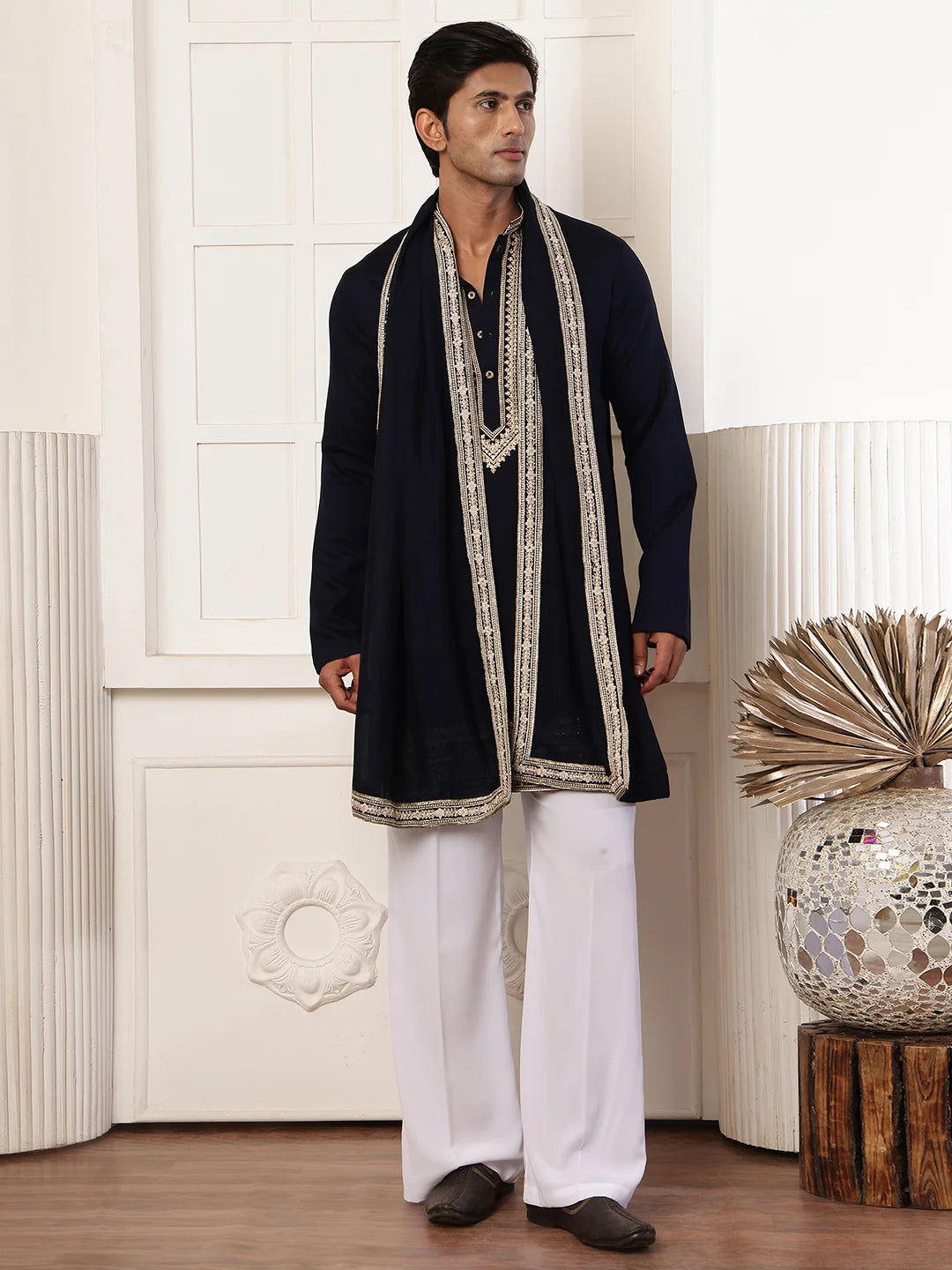 Blue Zari Yoke Design Viscose Rayon Straight Kurta for Men - Image 4