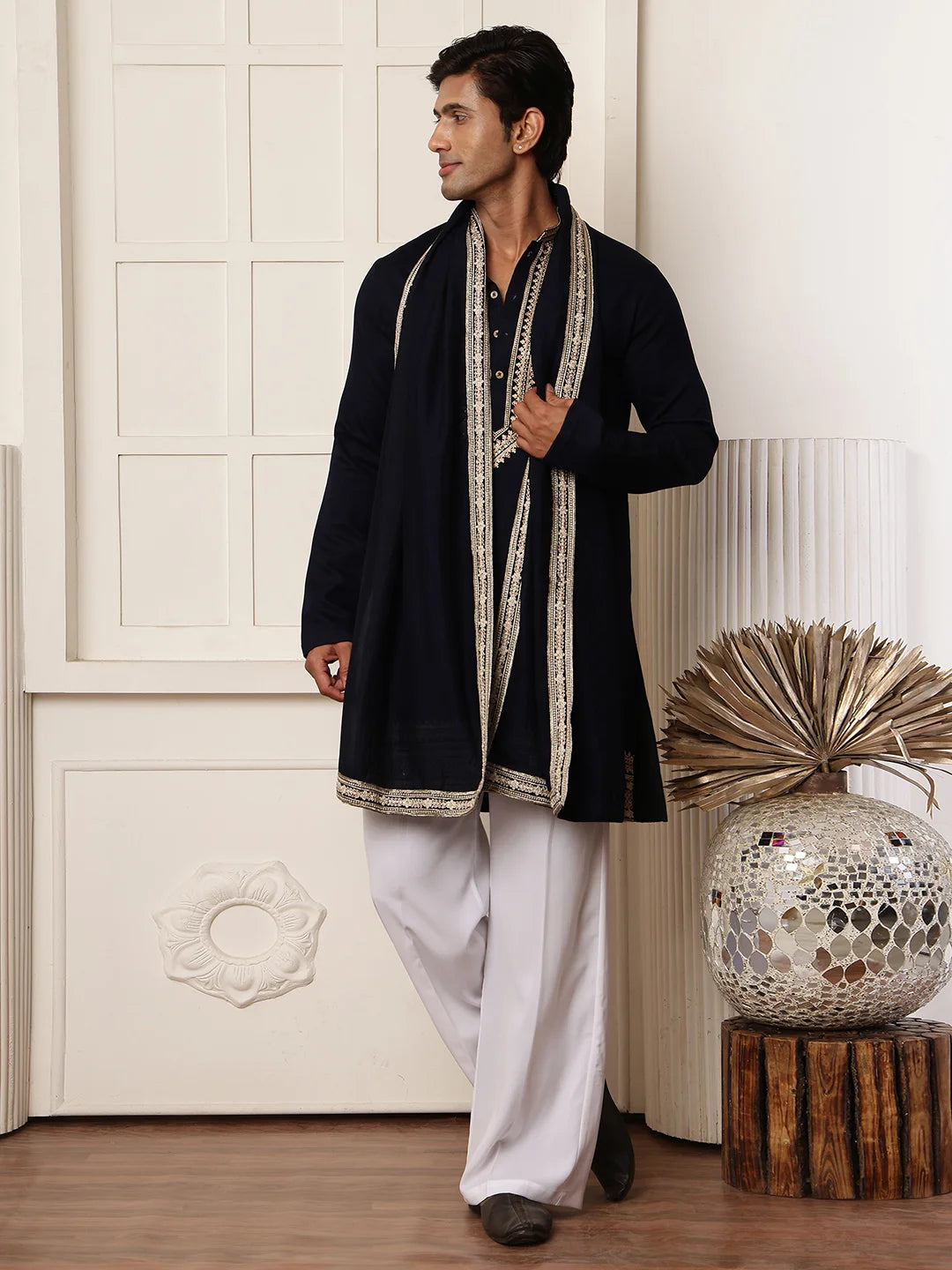 Blue Zari Yoke Design Viscose Rayon Straight Kurta for Men - Image 5