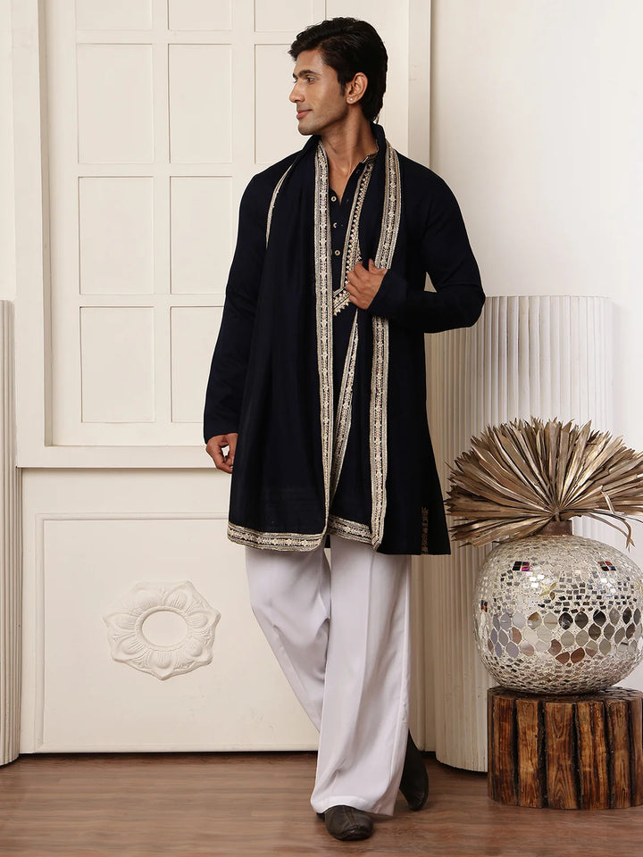 Blue Zari Yoke Design Viscose Rayon Straight Kurta for Men - Image 5