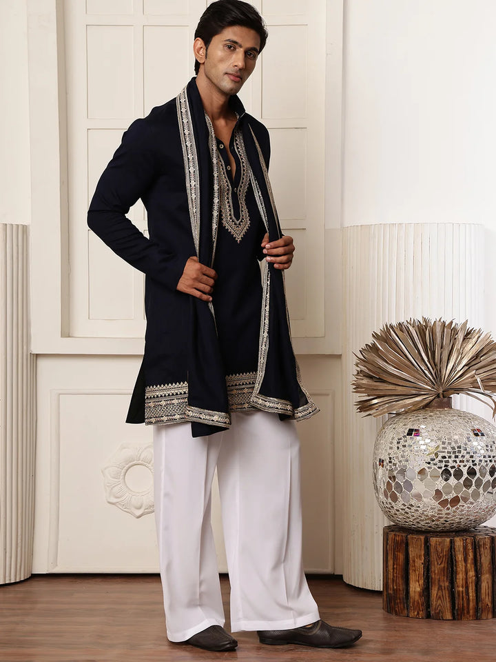 Blue Zari Yoke Design Viscose Rayon Straight Kurta for Men - Image 6